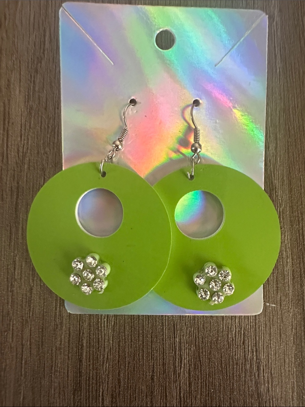 Lime Green Round Dangle Earrings with Rhinestone Flower Accent